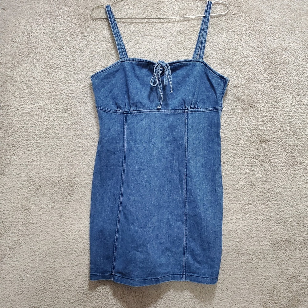 PacSun Mini Dress XS Misses Blue Denim  Cotton Tie Front Zipper Spaghetti Straps